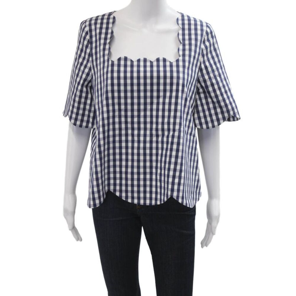 Tara Jarmon Women Blue Check Square Neck Short Sleeve Blouse Size 40
